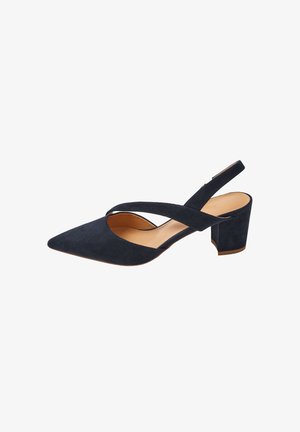 Mustasta mokasta valmistetut naisten slingback-kengät, joissa on terävä kärki, ristitiet remmit ja matala paljaspohjallinen korko.
