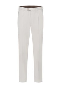 Helle beige Hose aus einem glatten Stoff, ausgestattet mit zwei Falten, einem Knopfverschluss vorne und einem geraden Bein.