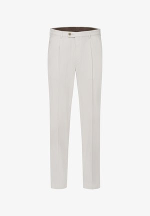 Helle beige Hose aus einem glatten Stoff, ausgestattet mit zwei Falten, einem Knopfverschluss vorne und einem geraden Bein.