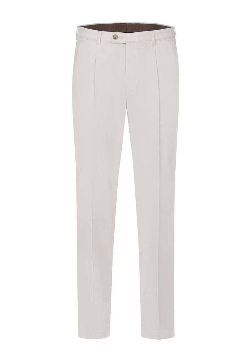 Helle beige Hose aus einem glatten Stoff, ausgestattet mit zwei Falten, einem Knopfverschluss vorne und einem geraden Bein.