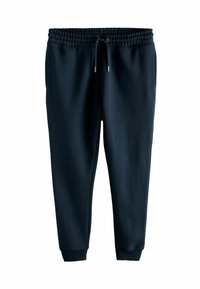 Pantalones de chándal azul marino de tela suave, con cintura elástica y cordón, bolsillos laterales y tobillos ajustados.