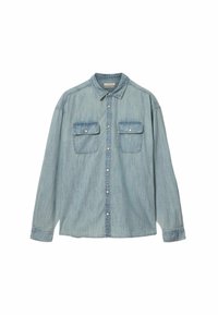 Lyseblå denimskjorte med lange ærmer, knaplukning foran, to brystlommer med klap og knapper samt klassisk krave.