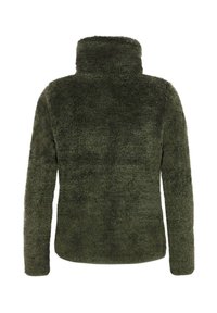 Donkergroen fleece trui met hoge kraag, voorzien van een textuur en een zachte buitenkant. De achterkant is glad zonder zichtbare hardware of versieringen.