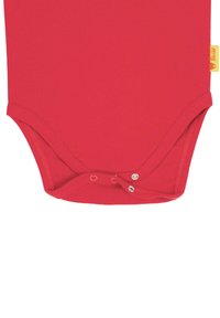 Red cotton baby bodysuit featuring snap-button closure at the bottom, short sleeves, and a tag with brand logo on the side.