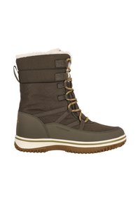 Wasserdichte braune Winterstiefel mit einem gesteppten Obermaterial, beigem Kunstfellkragen, runder Zehenpartie und Gummisohle mit Rutschmustern.