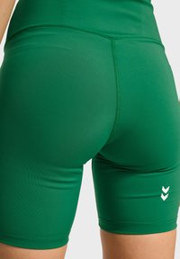Gröna sportshorts gjorda av stretchigt material, med en snug passform, slät textur och en vit chevron-logotyp på den nedre delen av benet.