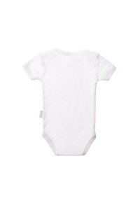 Short-sleeve white onesie made of cotton, featuring a round neckline, snap fasteners at the bottom, and a smooth, soft texture.