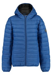 Chaqueta puffer azul con capucha, con secciones acolchadas, cierre frontal con cremallera y puños elásticos. El interior es negro.