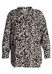 Blůza s leopardím vzorem v růžové a černé barvě. Má límečkový výstřih, zapínání na knoflíky a dlouhé rukávy s detaily na manžetách. Hladká textura.