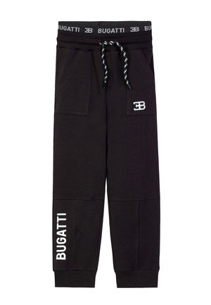 Black sweatpants with front pockets, drawstring waist branded "Bugatti," white "EB" logo on thigh, and "BUGATTI" text on left leg cuff.