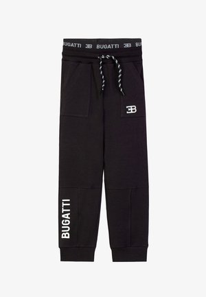 Black sweatpants with front pockets, drawstring waist branded "Bugatti," white "EB" logo on thigh, and "BUGATTI" text on left leg cuff.