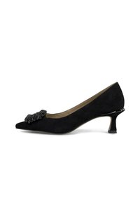 Black suede high-heeled pump with pointed toe, embellished with a textured black bow, featuring a sleek, short, cone-shaped heel.