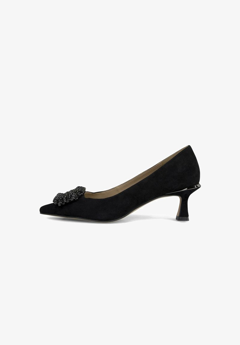 Black suede high-heeled pump with pointed toe, embellished with a textured black bow, featuring a sleek, short, cone-shaped heel.
