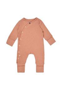 Organic cotton onesie in muted pink. Features ribbed texture, long sleeves, snap buttons, and a fold-over collar. Fashioned for ease of dressing.
