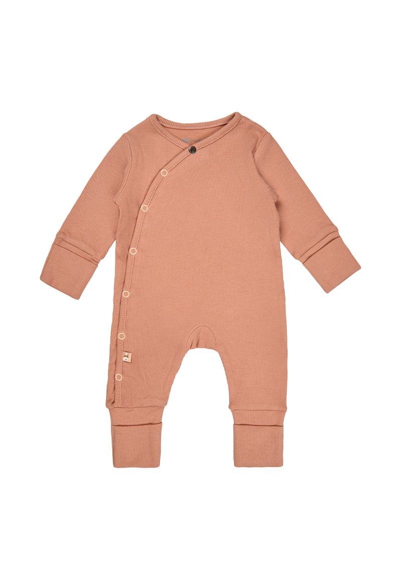 Organic cotton onesie in muted pink. Features ribbed texture, long sleeves, snap buttons, and a fold-over collar. Fashioned for ease of dressing.