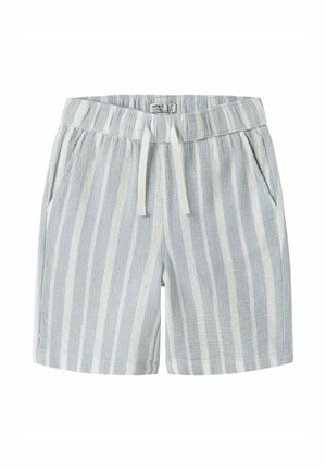 Lys blå og hvite vertikale stripete strikkede shorts med elastisk midjebånd og hvit snor, med sidelommer.