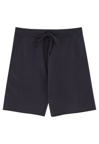 Pantaloni corti in cotone blu navy con vita regolabile, lunghezza al ginocchio e una texture liscia. Design semplice senza motivi o decorazioni visibili.
