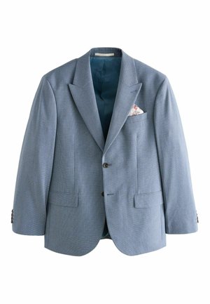 Hellblauer maßgeschneiderter Blazer mit Kerbkragen, Zweiknopfverschluss, Pattentaschen und einem floralen Einstecktuch in der Brusttasche.