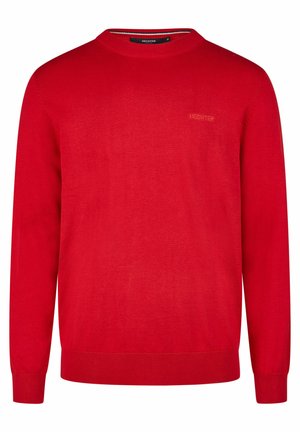 Red sweater made of smooth knit fabric, featuring a crew neckline and long sleeves, with ribbed cuffs and hem. Subtle logo on the front.