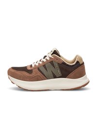 Brown and beige athletic shoe with suede and mesh materials, featuring a prominent 'N' logo and textured rubber sole. White laces and accents.
