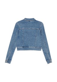 Jeansjack in lichtblauw, cropped ontwerp, lange mouwen, puntige kraag, twee achterzakken en contrasterende stiksels.