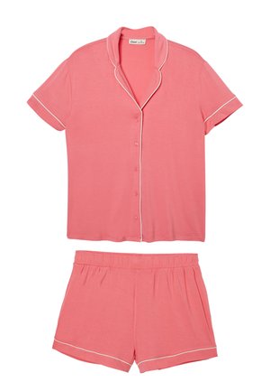 Coral pink short-sleeve button-up pajama top with white piping and matching elastic-waist shorts with white trim.