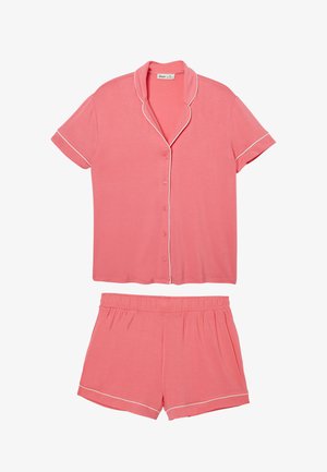 Coral pink short-sleeve button-up pajama top with white piping and matching elastic-waist shorts with white trim.