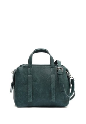 Teal leather handbag with dual top handles and a detachable shoulder strap. Features a textured surface and zip closure. Rectangular shape.