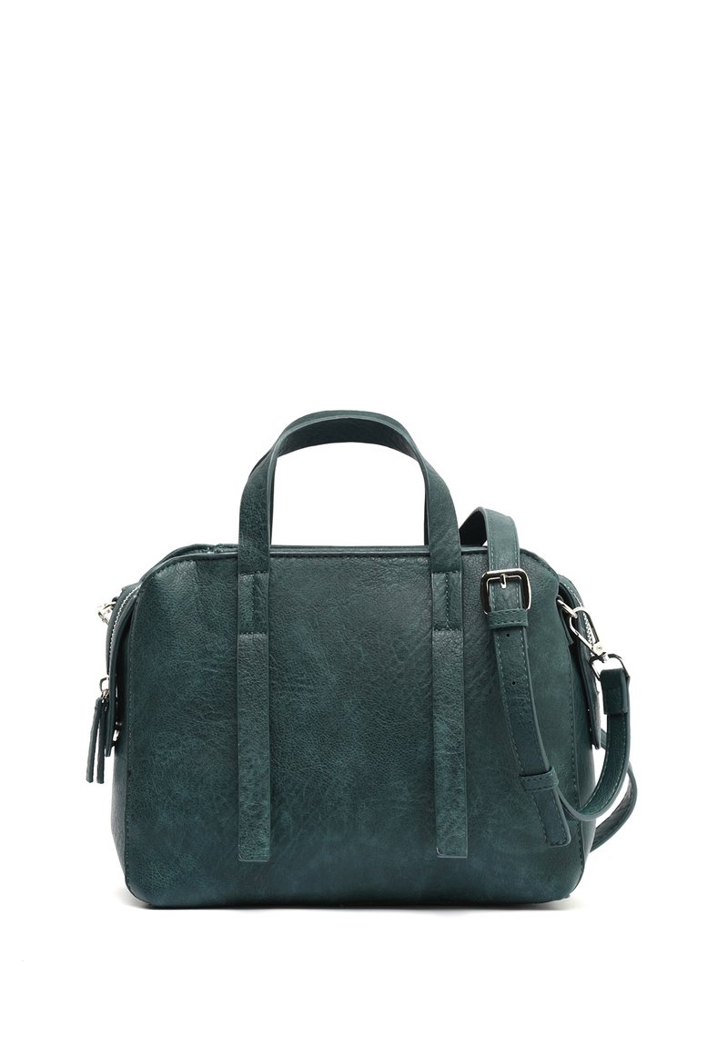 Borsa a tracolla in pelle color teal con doppi manici superiori e una tracolla removibile. Presenta una superficie testurizzata e chiusura a zip. Forma rettangolare.