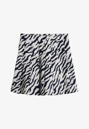 Gonna mini plissettata in tessuto bianco caratterizzata da un motivo a strisce zebrate blu navy. Include una vita e una chiusura con zip laterale.