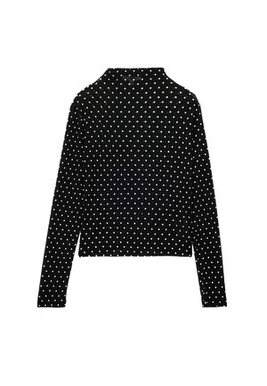 Zwarte lange mouwen top met witte stippen, hoge hals en aansluitende silhouet, vanaf de achterkant weergegeven op een witte achtergrond.