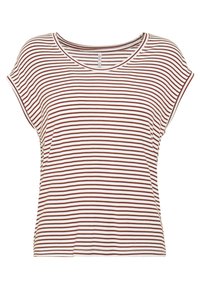 Pruhované tričko v bílé a burgundské barvě, s kulatým výstřihem a krátkými rukávy. Měkká tkanina, volný střih a rovný lem.