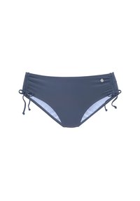 Marine bikini broekje met verstelbare zijknoopjes, voorzien van een gladde textuur en contrasterende lichtblauwe voering, geaccentueerd door subtiele logo-details.