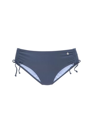 Marine bikini broekje met verstelbare zijknoopjes, voorzien van een gladde textuur en contrasterende lichtblauwe voering, geaccentueerd door subtiele logo-details.