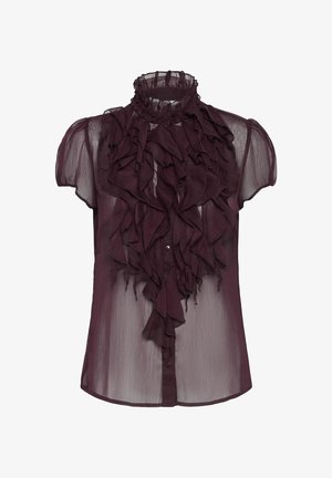 Blouse bordeaux transparente à manches courtes, avec un détail front rufflé et un col froncé. Elle présente une fermeture à boutons et une texture douce.