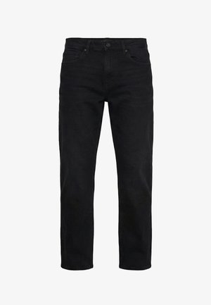 Musta suoralahkeinen farkut, joissa etu- ja takataskut, vyölenkit ja nappikiinnitys, esitetty yksivärisellä valkoisella taustalla.