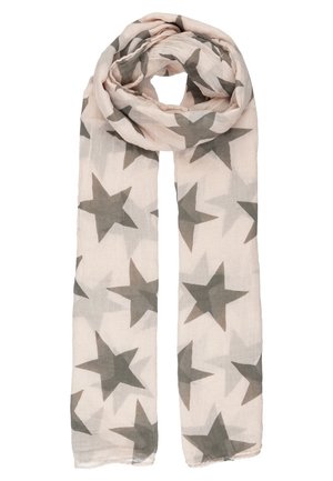 Lichtroze sjaal met grote grijze sterren over het hele oppervlak gedrukt, bovenaan losgerold en recht naar beneden hangend.