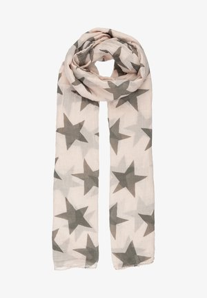 Lyserød tørklæde med store grå stjerner trykt overalt, løst rullet øverst og hængende lige ned.