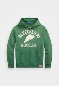 Grön hoodie i bomullsblandning, med en framficka, dragsko på huva och grafiken "BLEECKER NY RUN CLUB" i vitt på framsidan.