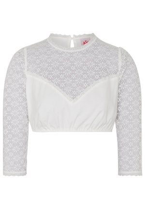 White cropped top with long lace sleeves, featuring floral patterns, round neckline, and a button closure at the back. Soft textured fabric.