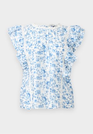 Blouse blanche à motif floral bleu, bordure en dentelle, encolure froncée et manches courtes à volants.