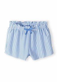 Shorts de bain rayés bleus et blancs avec une taille élastique et un lien, fabriqués en tissu léger, présentant des rayures verticales.