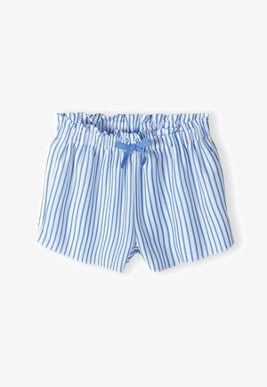 Blå og hvide stribede badebukser med elastisk talje og snøre detaljer, lavet af letvægtsstof, med vertikale striber.