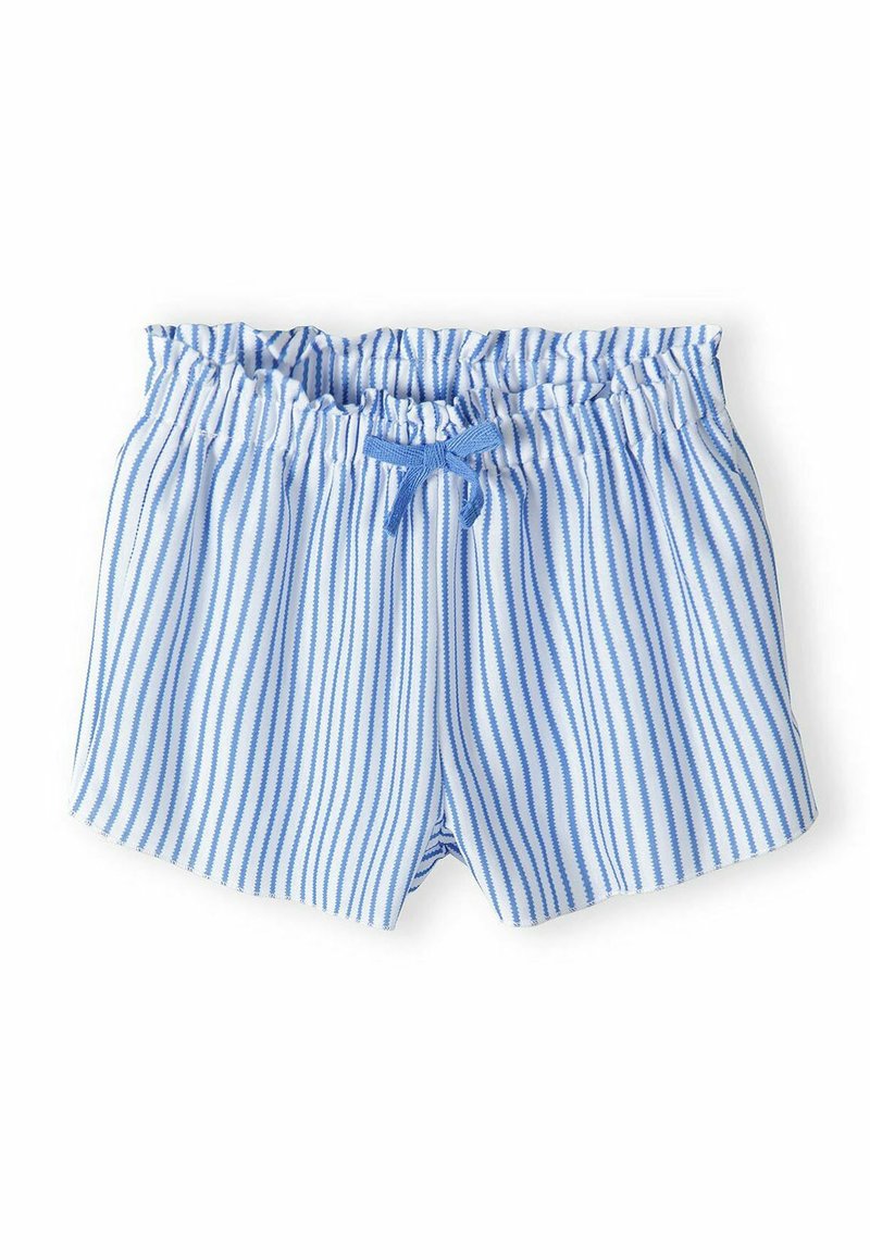 Shorts de bain rayés bleus et blancs avec une taille élastique et un lien, fabriqués en tissu léger, présentant des rayures verticales.