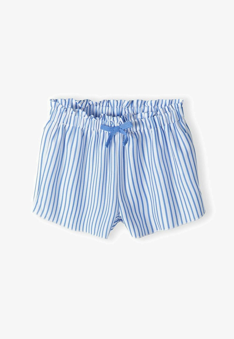 Modré a bílé pruhované plavkové šortky s elastickým pasem a stahovací šňůrkou, vyrobené z lehké tkaniny, s vertikálními pruhy.