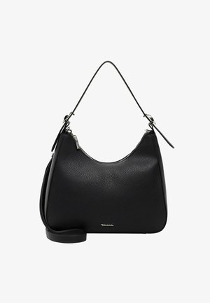 Borsa a tracolla in pelle nera con superficie texturizzata, forma arrotondata, tracolla singola e dettagli in metallo color argento. Apertura con zip.