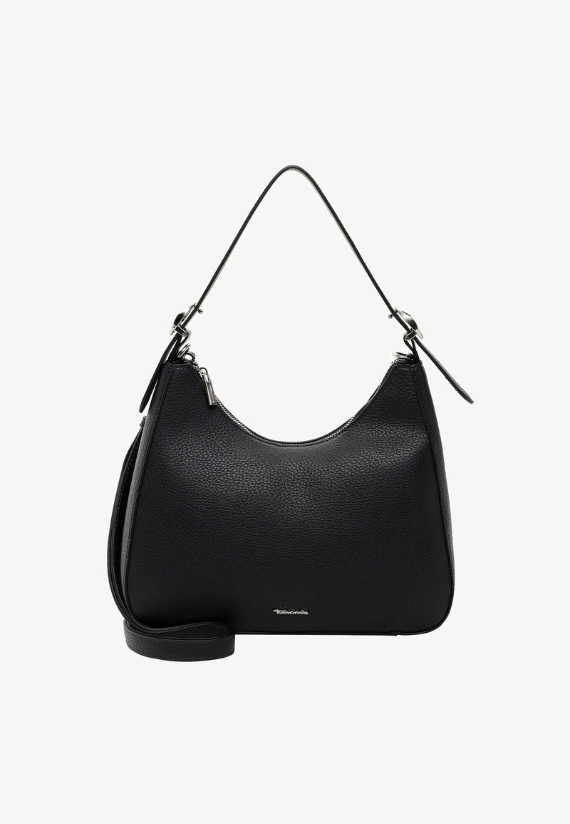 Black leather handbag with a textured surface, rounded shape, single shoulder strap, and silver-tone hardware accents. Zippered opening.