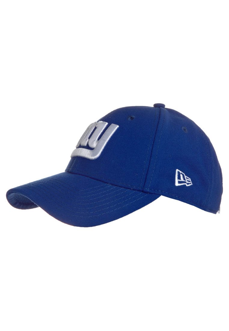 Gorra de béisbol azul hecha de tela, con un logo bordado blanco en la parte frontal y un logo en blanco en el lateral. Visera curvada.