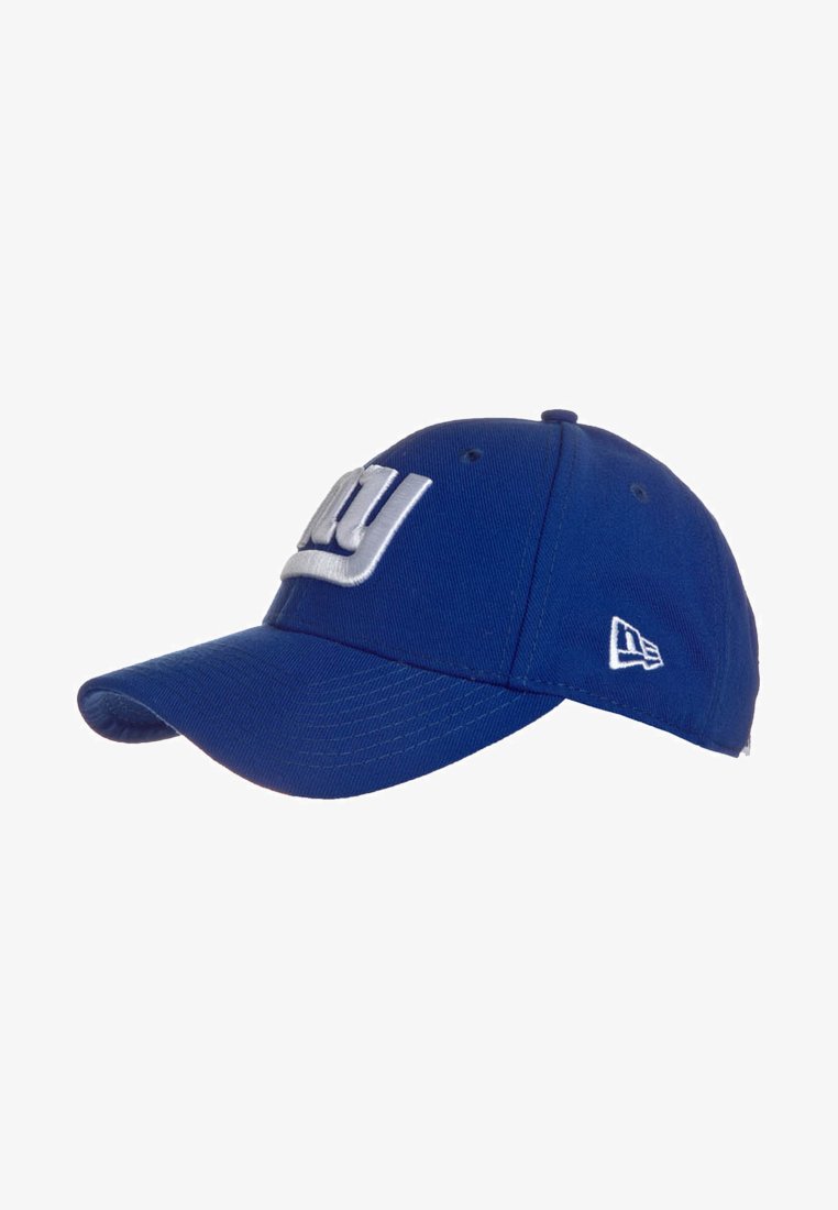 Gorra de béisbol azul hecha de tela, con un logo bordado blanco en la parte frontal y un logo en blanco en el lateral. Visera curvada.