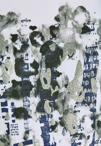 Abstract pattern with black and navy brush strokes, scattered text fragments, and silver glittery shapes on a white fabric background.